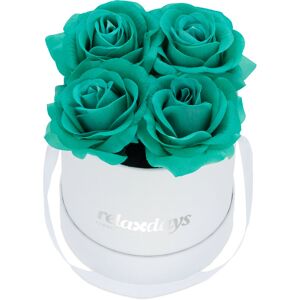 Relaxdays Round Flowerbox with 4 Faux Roses, White Box, Last 10 Years, Present, Decorative Bouquet, Turquoise