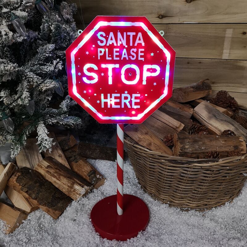 Premier Decorations - 65cm Light Up Christmas Red and White Santa Stop Here Outdoor Sign with 45 Multi Colour led