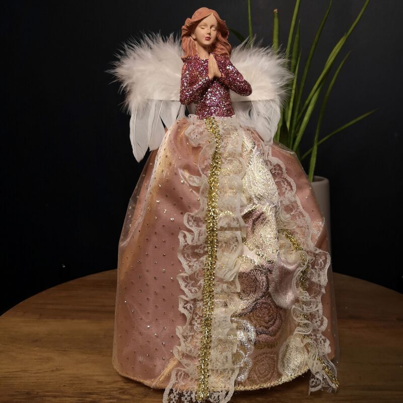 Premier Decorations - Premier 28cm Pink With Gold Detailing Angel Tree Topper Decoration In Praying Pose
