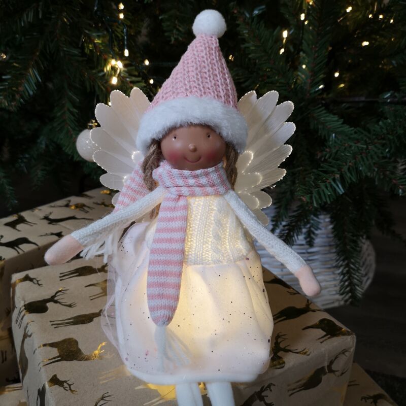 Premier Decorations - Premier 50cm Christmas Sitting Angel with Wings & led Light - Pink Hat