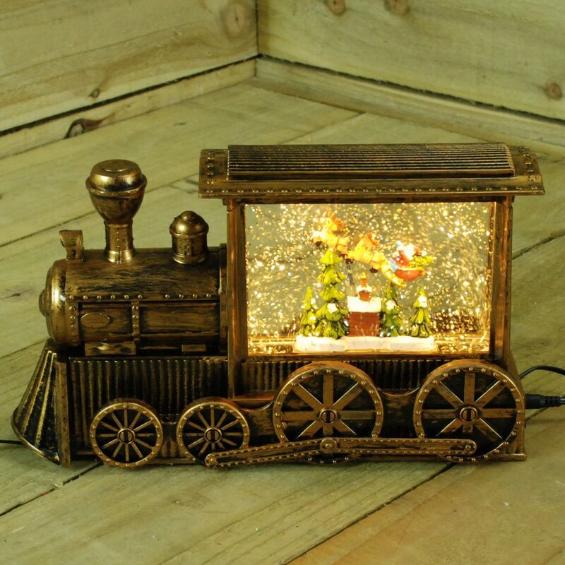 Premier Decorations - 29cm Gold Water Spinner Christmas Train and with Santa Scene Decoration