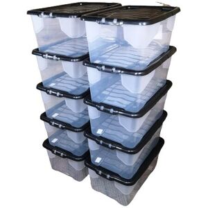 SAMUEL ALEXANDER 10 x 42L Clear Storage Box with Black Lid, Stackable and Nestable Design Storage Solution