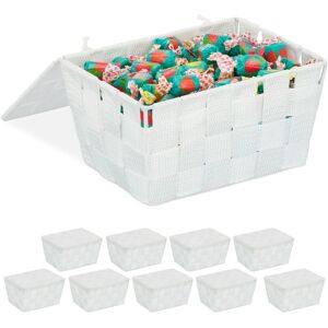 10x Storage Baskets with Lid, Woven Optics, Bathroom Organiser HxWxD: 10.5 x 19.5 x 14.5 cm, Plastic, White - Relaxdays