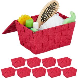 Relaxdays 10x Storage Baskets with Lid, Woven Optics, Bathroom Organiser HxWxD: 10.5 x 19.5 x 14.5 cm, Plastic, Burgundy