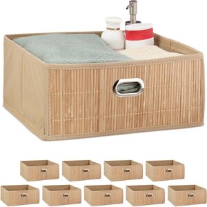 Set of 10 Bamboo Storage Baskets, Bathroom Organiser, Square, Low Box, HxWxD 14 x 31 x 31 cm, Folding, Natural - Relaxdays