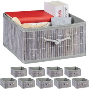 Bamboo Storage Baskets, Set of 10, hwd: 16.5x32x35 cm, Organiser Box with Handle, each 15 l, Folding, Grey - Relaxdays