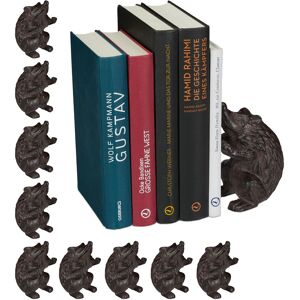 Set of 10 Relaxdays Bookends Hedgehog, Various Designs, For Books, CDs, DVDs, Cast Iron, Robust Stand, Brown