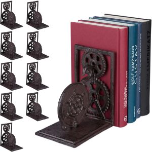 Set of 10 Relaxdays Retro Bookends, Cast Iron, Book Support, Gears, Decor HxWxD: 16 x 13 x 10 cm, Brown