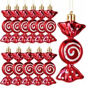 MUMU 12 pcs Hanging Christmas Candy Ornaments Glitter Candy Cane Ornaments Christmas Tree Ornaments Candy Straps Gold Rope Christmas Party Decoration (Red)