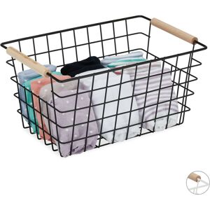 Wire Basket, Wooden Handles, Square, Lattice Design, Clothes, Accessories, Metal Bin, hwd: 16x31x21 cm, Black - Relaxdays