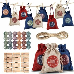 LANGRAY 24 pcs Christmas Countdown Calendar Bag, Advent Calendar Drawstring Gift Bags with Numbers Stickers, Clips, Rope for Holiday Birthday