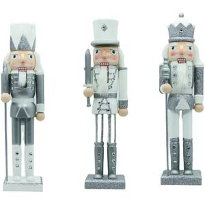 Shatchi - 25cm Silver Wooden Nutcrackers Soldiers King Christmas Ornament 3pcs Set - Silver