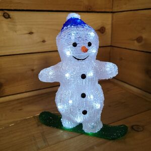 Samuel Alexander - 29cm Tall Snowboarding Acrylic Snowman Christmas Decoration in Cool White