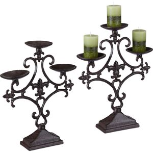 Relaxdays - Set of 2 Candlesticks Antique, 3 Arms, Outdoor Candlelight Holder, Tabletop Candlelight, Rustic, Iron, Brown
