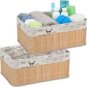 Relaxdays - Set of 2 Storage Baskets, Fabric Cover, Retro Pattern, Bamboo, Bathroom Organiser, 16.5x38x28.5 cm, Natural