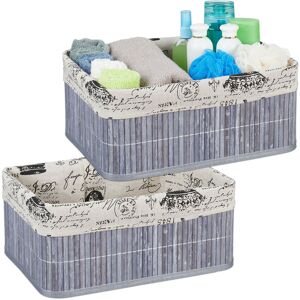 Relaxdays - Set of 2 Storage Baskets, Fabric Cover, Retro Pattern, Bamboo, Bathroom Organiser, 16.5x38x28.5 cm, Grey