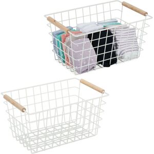 Relaxdays 2x Wire Basket, Wooden Handles, Square, Lattice Design, Clothes, Accessories, Metal Bin, 16x31x21 cm, White