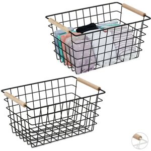 2x Wire Basket, Wooden Handles, Square, Lattice Design, Clothes, Accessories, Metal Bin, 16x31x21 cm, Black - Relaxdays