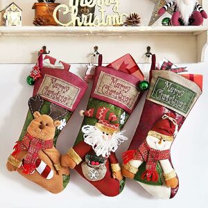 Langray - 3 Pieces Christmas Stockings, 46CM Large Christmas Stockings 3D Snowflake Santa, Snowman, Reindeer Sock Gift Bag for Fireplace Christmas