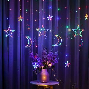 GROOFOO 3.5m Star Moon Curtain Lights, Star Curtain Lights Curtain Light led Garland Decorative Lamp Fairy Lights Christmas Garland led Star Moon for Curtain