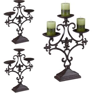 Set of 3 Relaxdays Candlesticks Antique, 3 Arms, Outdoor Candlelight Holder, Tabletop Candlelight, Rustic, Iron, Brown