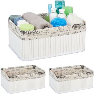 Relaxdays Set of 3 Storage Baskets, Fabric Cover, Retro Pattern, Bamboo, Bathroom Organiser, 16.5x38x28.5 cm, White