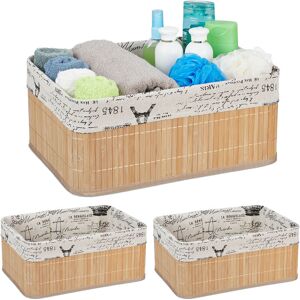 Set of 3 Storage Baskets, Fabric Cover, Retro Pattern, Bamboo, Bathroom Organiser, 16.5x38x28.5 cm, Natural - Relaxdays