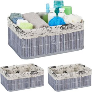 Set of 3 Storage Baskets, Fabric Cover, Retro Pattern, Bamboo, Bathroom Organiser, 16.5x38x28.5 cm, Grey - Relaxdays