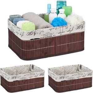 Relaxdays Set of 3 Storage Baskets, Fabric Cover, Retro Pattern, Bamboo, Bathroom Organiser, 16.5x38x28.5 cm, Brown