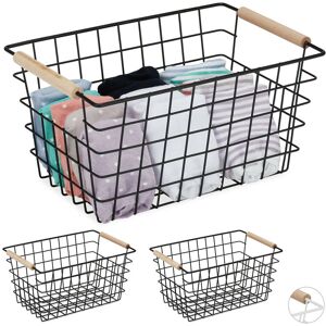 3x Wire Basket, Wooden Handles, Square, Lattice Design, Clothes, Accessories, Metal Bin, 16x31x21 cm, Black - Relaxdays