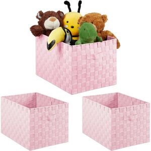 Set of 3 Storage Baskets with Handle, Plastic, Braided Look, HxWxD 26 x 40 x 30 cm, Bathroom, Pink - Relaxdays