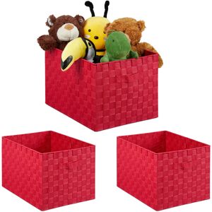 Set of 3 Storage Baskets with Handle, Plastic, Braided Look, HxWxD 26 x 40 x 30 cm, Bathroom, Red - Relaxdays