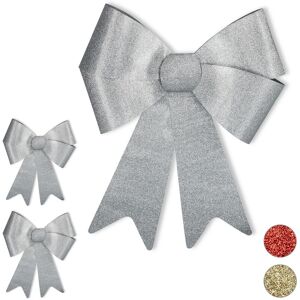 Set of 3 Relaxdays xl Giant Gift Bows with Ribbons, For Large Gifts, Glitter, Christmas Decoration, Silver