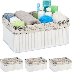 Set of 4 Storage Baskets, Fabric Cover, Retro Pattern, Bamboo, Bathroom Organiser, 16.5x38x28.5 cm, White - Relaxdays