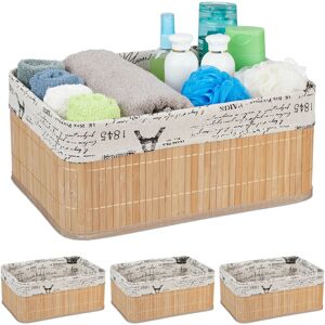 Set of 4 Storage Baskets, Fabric Cover, Retro Pattern, Bamboo, Bathroom Organiser, 16.5x38x28.5 cm, Natural - Relaxdays