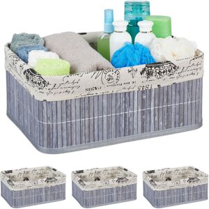 Set of 4 Storage Baskets, Fabric Cover, Retro Pattern, Bamboo, Bathroom Organiser, 16.5x38x28.5 cm, Grey - Relaxdays
