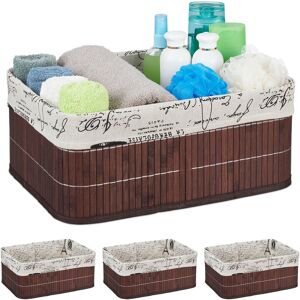 Set of 4 Storage Baskets, Fabric Cover, Retro Pattern, Bamboo, Bathroom Organiser, 16.5x38x28.5 cm, Brown - Relaxdays