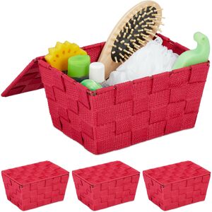 Relaxdays - 4x Storage Baskets with Lid, Woven Optics, Bathroom Organiser HxWxD: 10.5 x 19.5 x 14.5 cm, Plastic, Burgundy