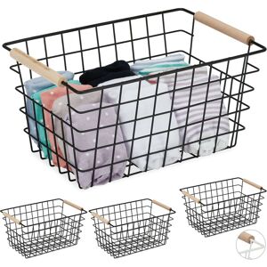 4x Wire Basket, Wooden Handles, Square, Lattice Design, Clothes, Accessories, Metal Bin, 16x31x21 cm, Black - Relaxdays