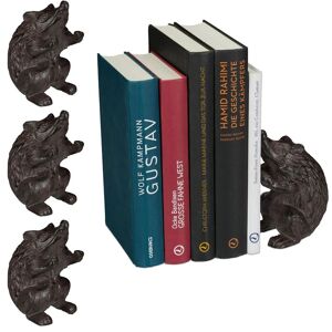 Set of 4 Relaxdays Bookends Hedgehog, Various Designs, For Books, CDs, DVDs, Cast Iron, Robust Stand, Brown