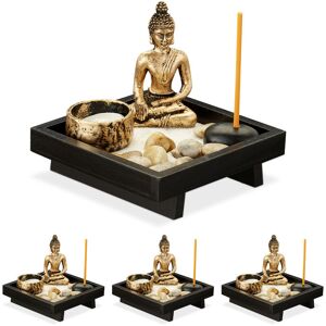 Relaxdays - Zen Garden Buddha Statue, 4x Set, Tranquillity, Pebbles, Sand, Joss Stick, Tea Light, Feng Shui Decor, Black