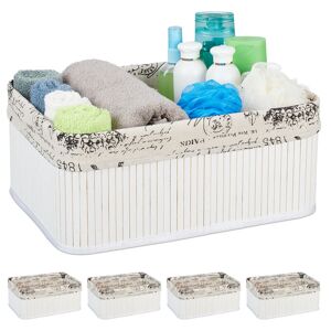 Set of 5 Storage Baskets, Fabric Cover, Retro Pattern, Bamboo, Bathroom Organiser, 16.5x38x28.5 cm, White - Relaxdays