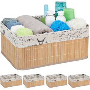 Set of 5 Storage Baskets, Fabric Cover, Retro Pattern, Bamboo, Bathroom Organiser, 16.5x38x28.5 cm, Natural - Relaxdays