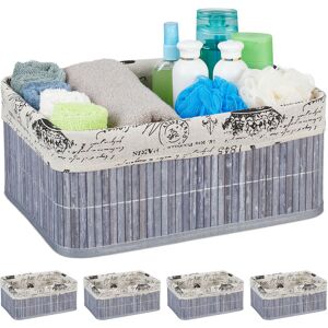 Set of 5 Storage Baskets, Fabric Cover, Retro Pattern, Bamboo, Bathroom Organiser, 16.5x38x28.5 cm, Grey - Relaxdays