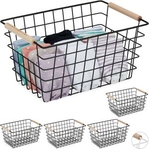 5x Wire Basket, Wooden Handles, Square, Lattice Design, Clothes, Accessories, Metal Bin, 16x31x21 cm, Black - Relaxdays