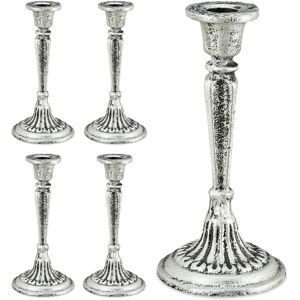 Set of 5 Candlesticks, Vintage Look, Shabby Chic, Classic, Long Candle Holder, Cast Iron, 19 x 9 cm, Silver - Relaxdays