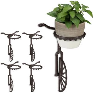 Set of 5 Unicycle Wall-Mount Flower Racks, Cast Iron, Outdoor Ornament, Weatherproof, ø 13 cm, Dark Brown - Relaxdays