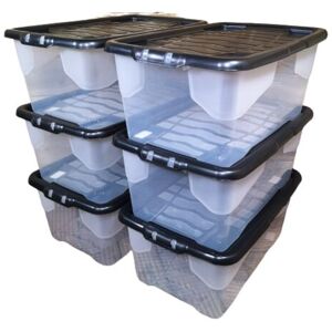 Samuel Alexander - 6 x 42L Clear Storage Box with Black Lid, Stackable and Nestable Design Storage Solution