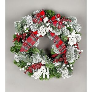 Shatchi - 60cm b/o Pre lit Frosted /Tartan Ribbon Wreath with 50 ww LEDs