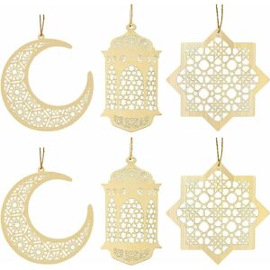 Denuotop - 6pcs Wooden Eid Al-Fitr Ornaments, diy Ornament Eid Decorations with Wind Moon Ornament Pendants for Muslim Eid Mubarak